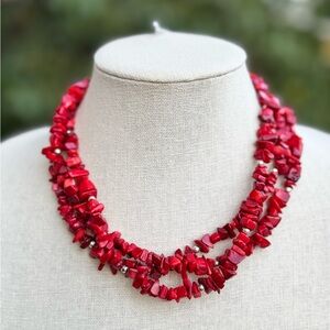 ❤️ Vintage Red Coral Chip Beaded Necklace – Double Strand Natural Beauty
